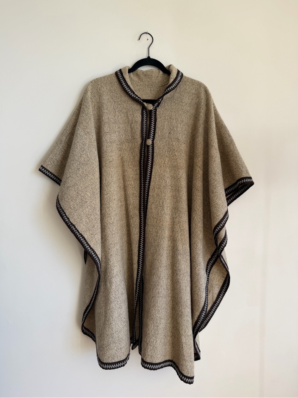 Women’s Beige 100% Wool Poncho with Contrast Trim